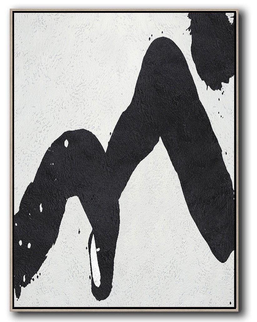 Hand-Painted Black And White Minimal Painting On Canvas - Digital Print On Canvas Recreation Room Large